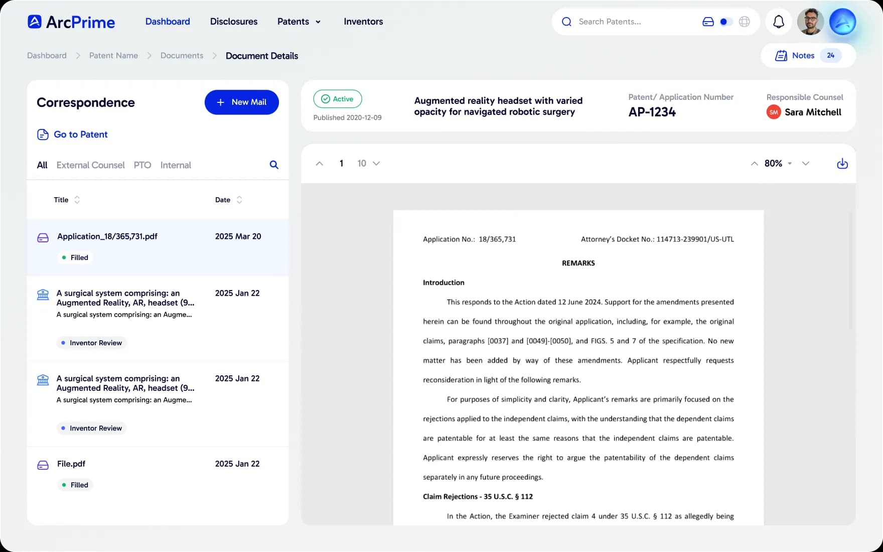 ArcPrime prosecution view showing patent correspondence next to an office action response