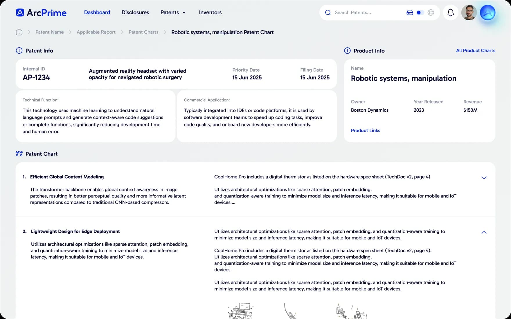 ArcPrime patent chart mapping claim elements onto a product